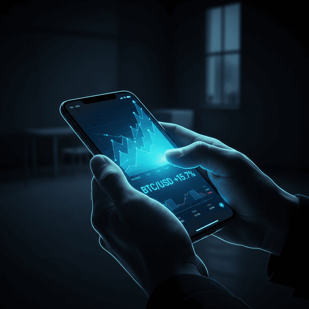 Hands engaged with glowing cryptocurrency trading screen