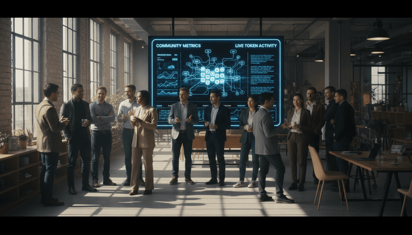 Community members collaborating around live blockchain metrics display