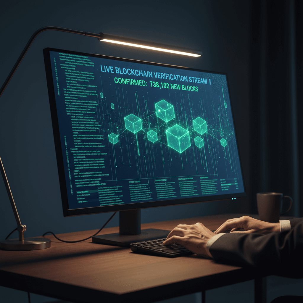 Live blockchain transaction monitoring on computer screen